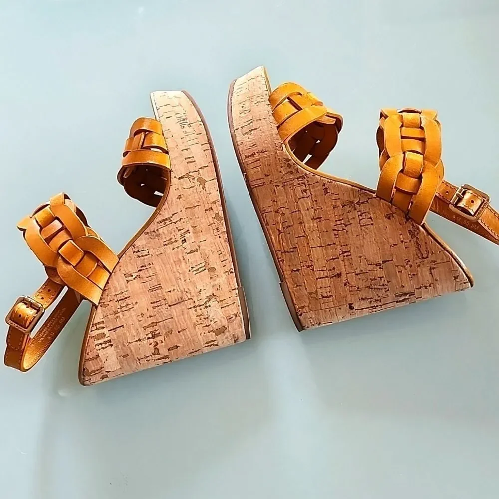 Tory Burch Calyca Leather And Cork Boho Chic Retro 70's Disco Vibe Heels‎ Size 9